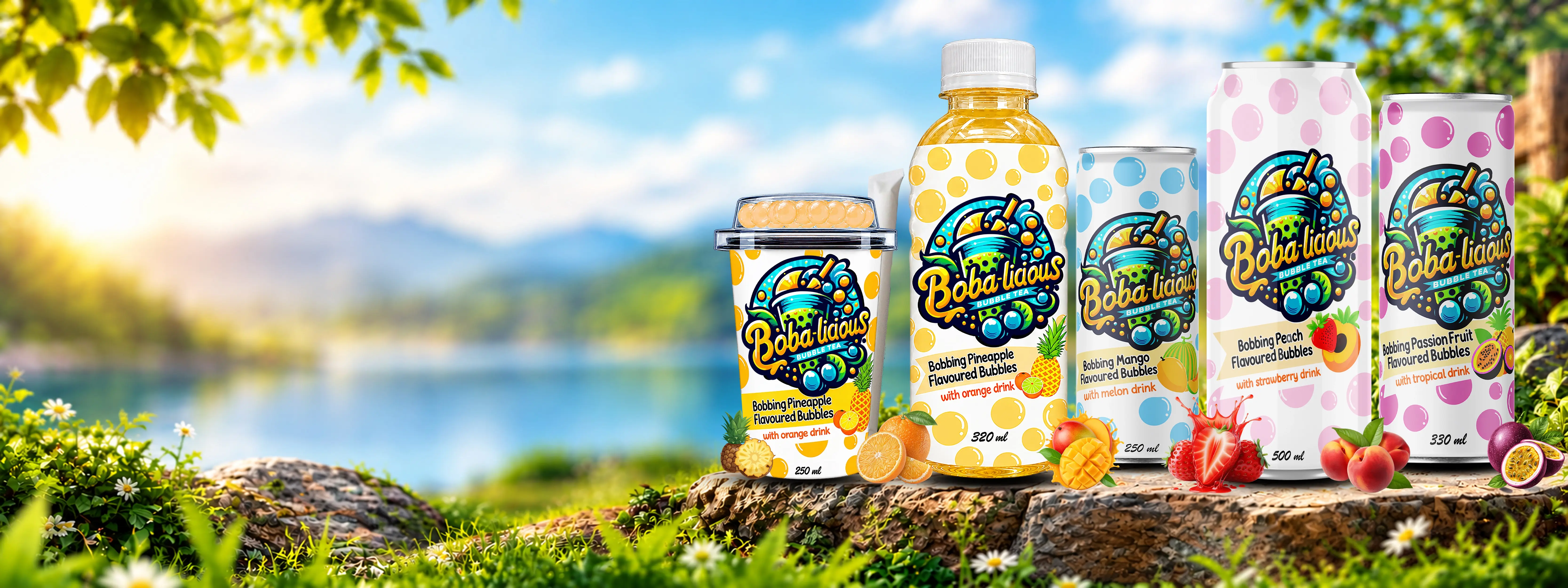 BUBBLE TEA Boba-licious assorted fruit flavours in PET bottle, cans and cup with popping boba and tropical fruits.